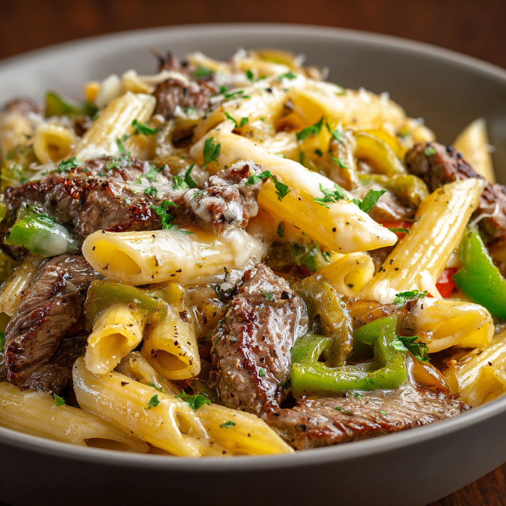 A bowl of pasta with meat and cheese, possibly a beef and cheese pasta dish.