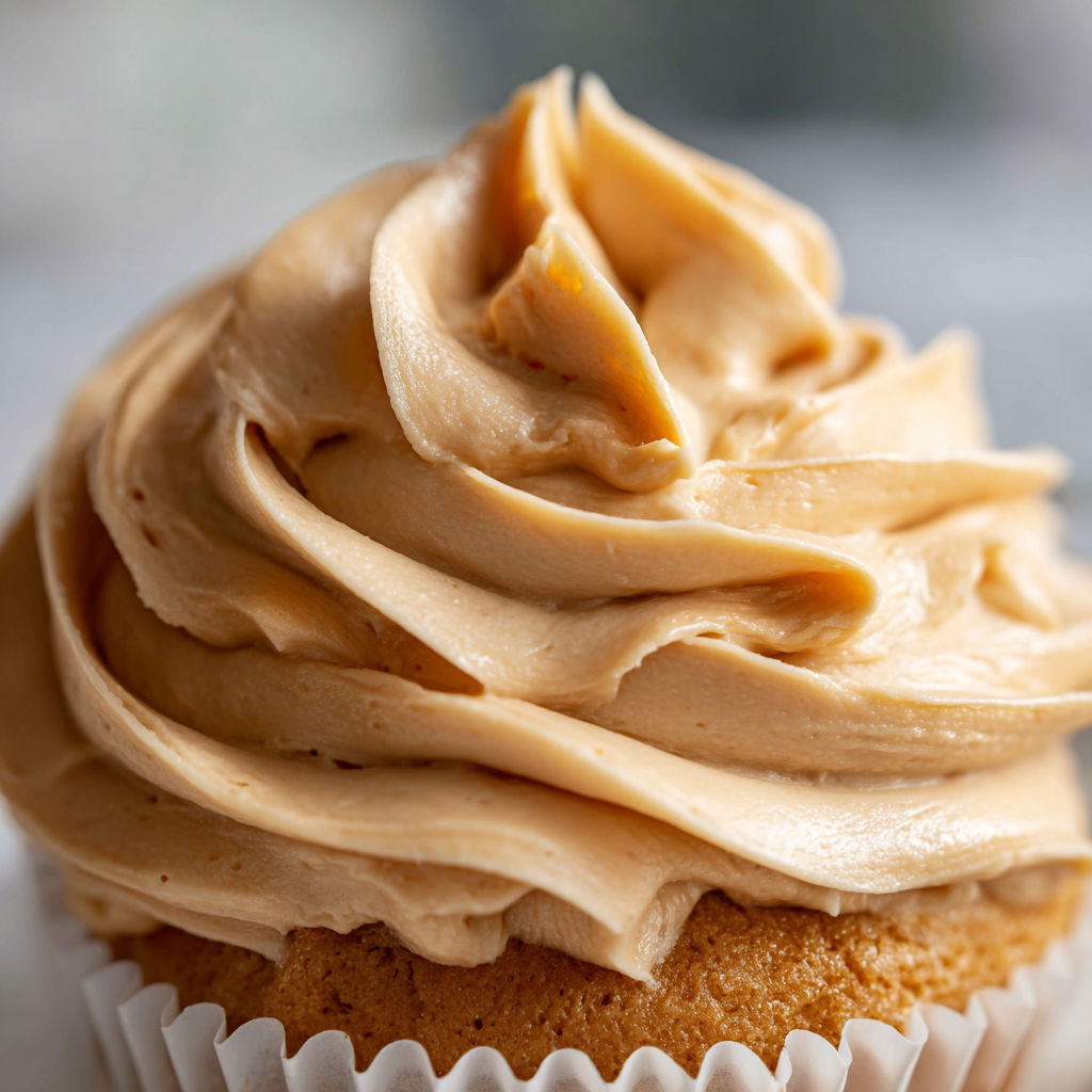 A cupcake with a caramel frosting and a swirl on top.