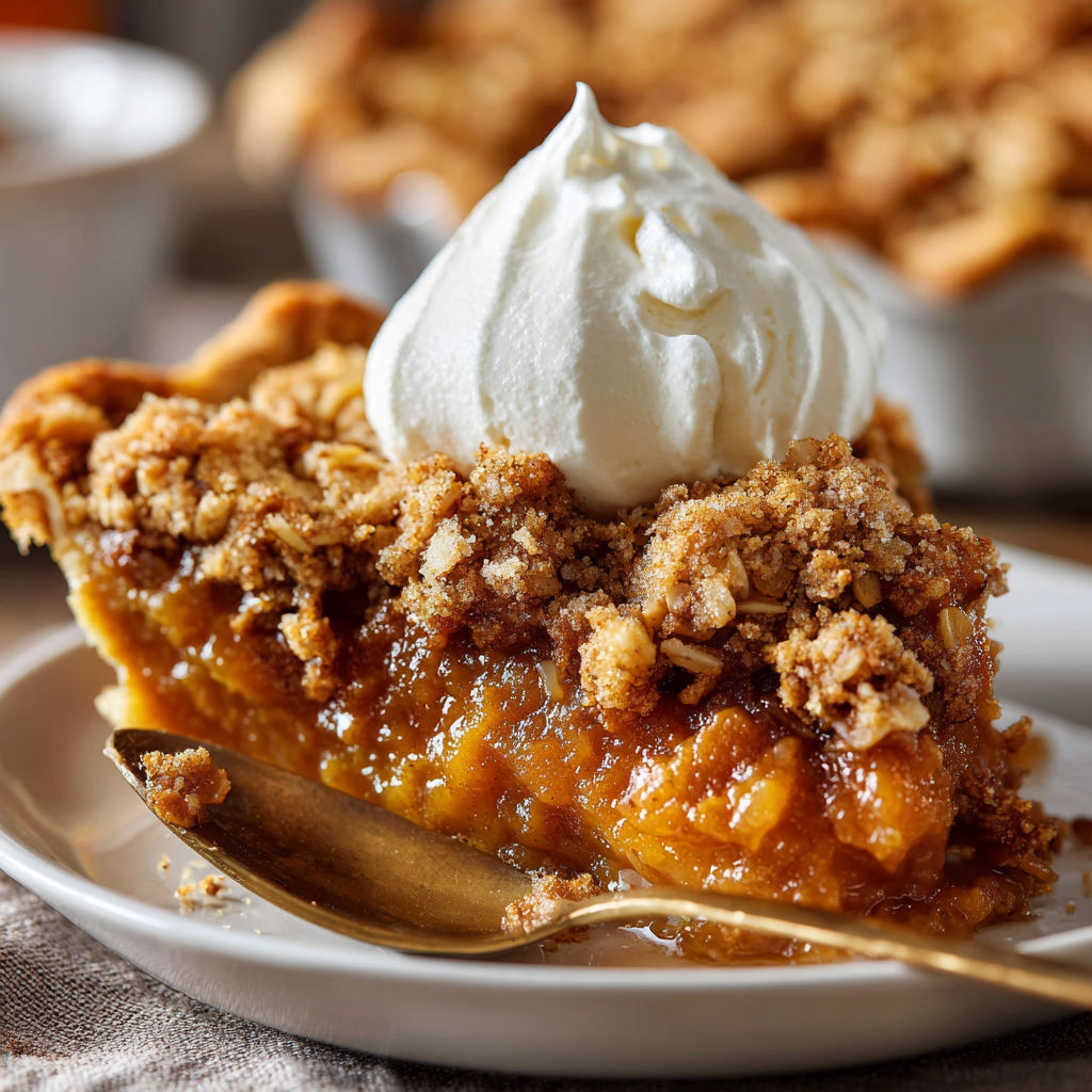 A slice of pumpkin crisp with a dollop of whipped cream on top.