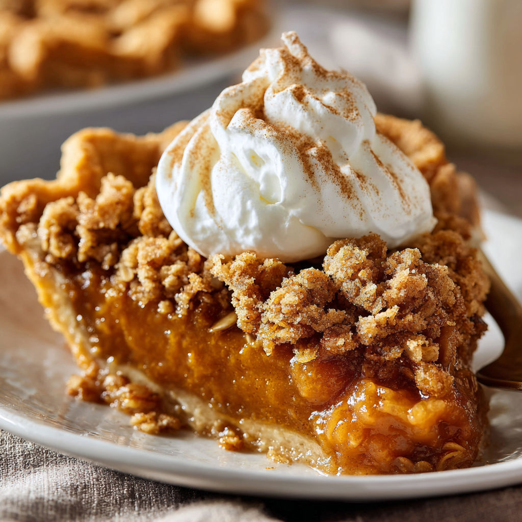 A slice of pumpkin pie with whipped cream on top.