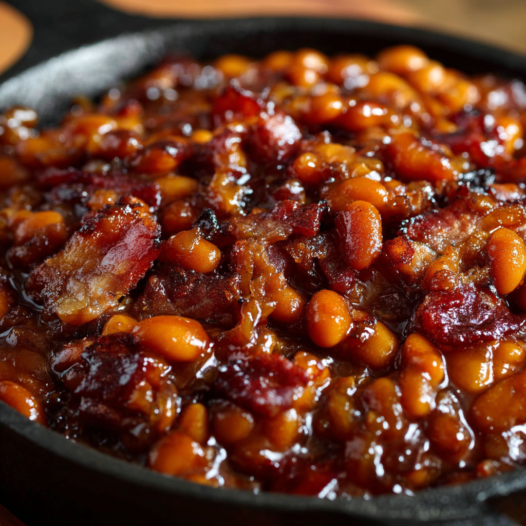 A delicious Root Beer Baked Beans Recipe is cooked and ready to be served.