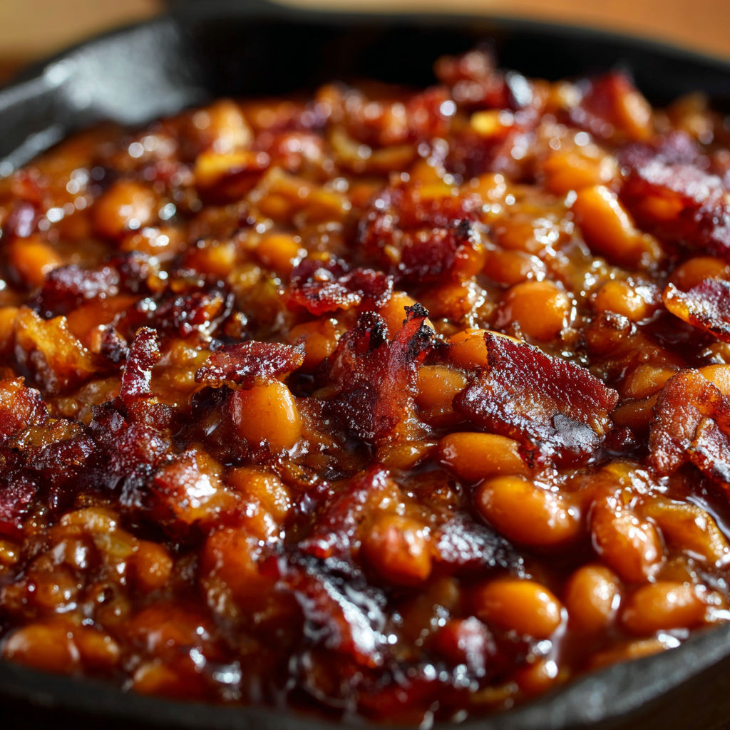 A delicious bacon and bean dish is served in a black bowl.