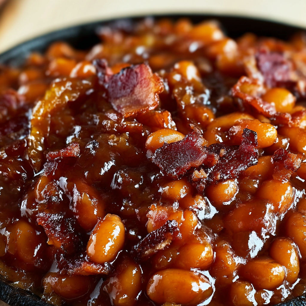 A close up of a delicious bacon and bean dish, with a generous amount of bacon and beans.