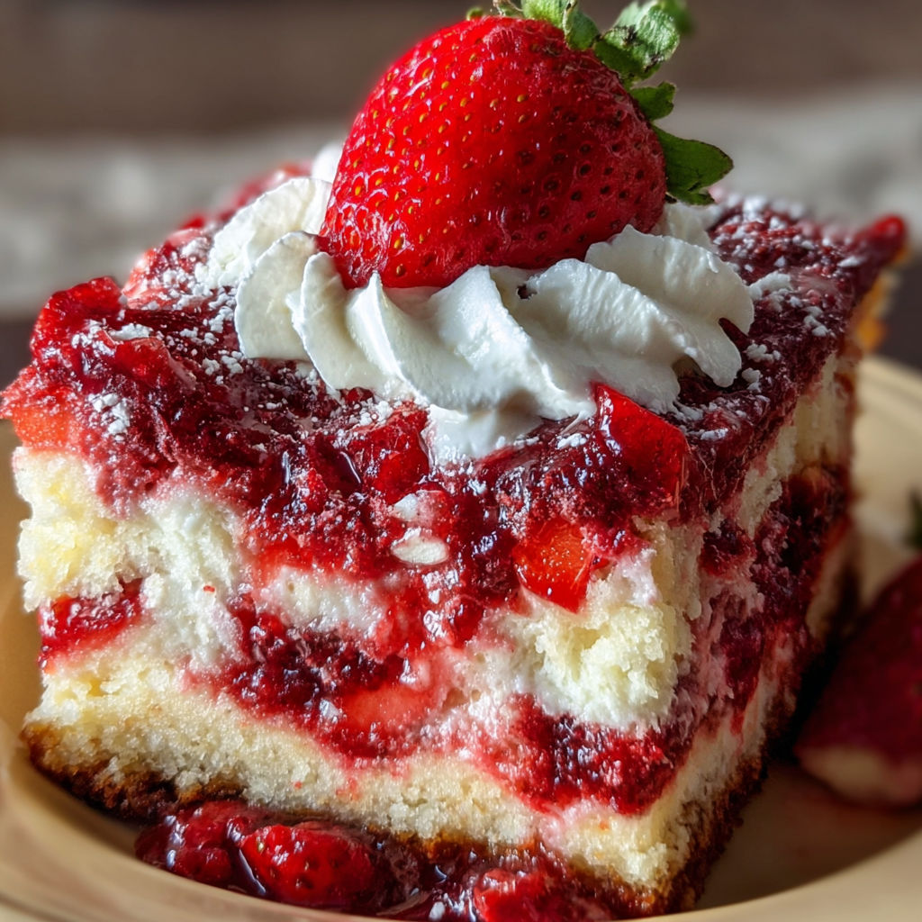 A slice of Strawberry Earthquake Cake is served on a plate.
