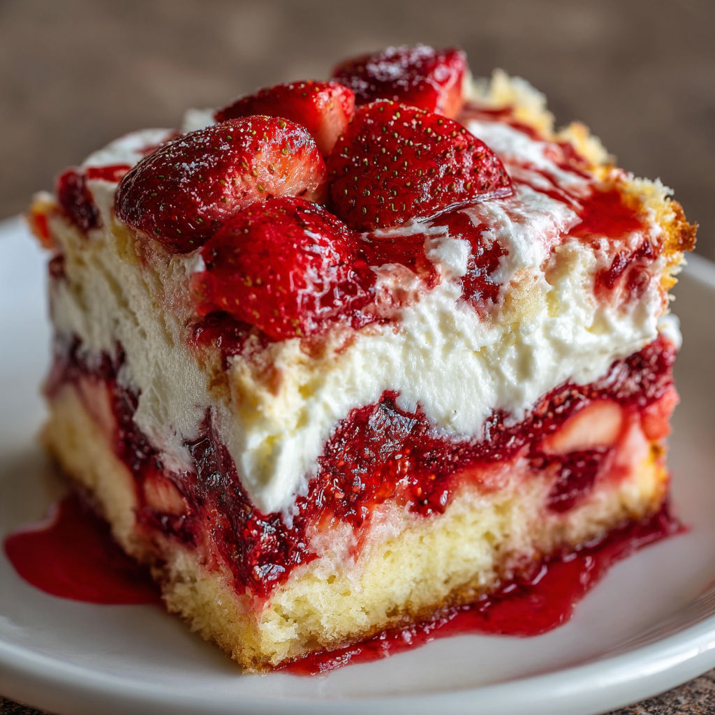 A slice of strawberry cheesecake on a white plate.