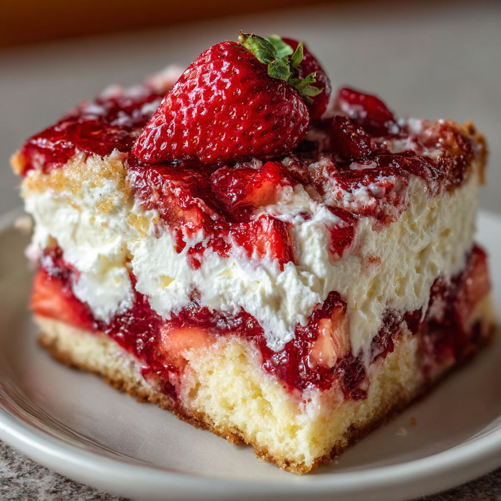 A slice of strawberry cheesecake with a strawberry on top.