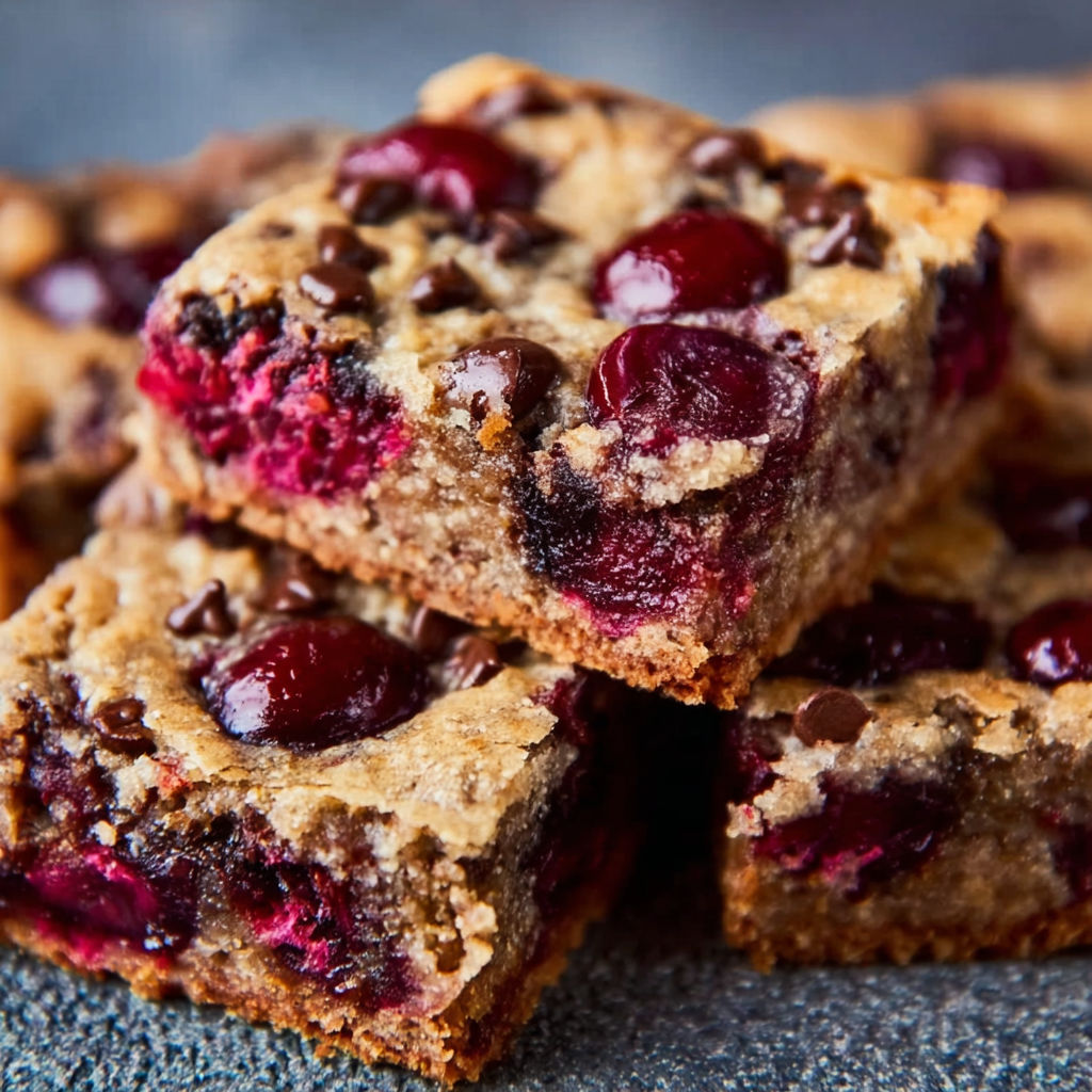A close-up of a delicious Chocolate Chip Cherry Bar.
