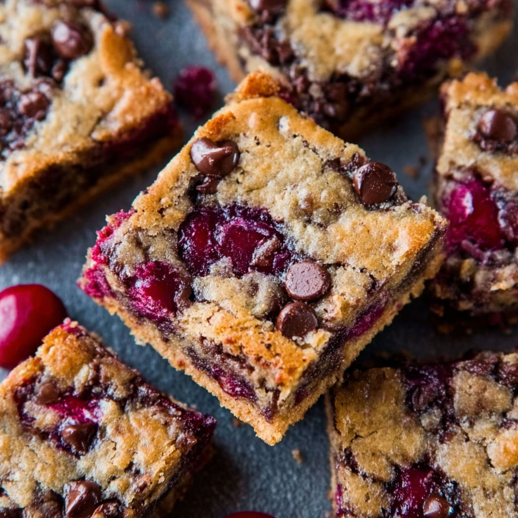 A close up of a delicious dessert, featuring chocolate chips and cherries, with a recipe name of "Chocolate Chip Cherry Bliss.