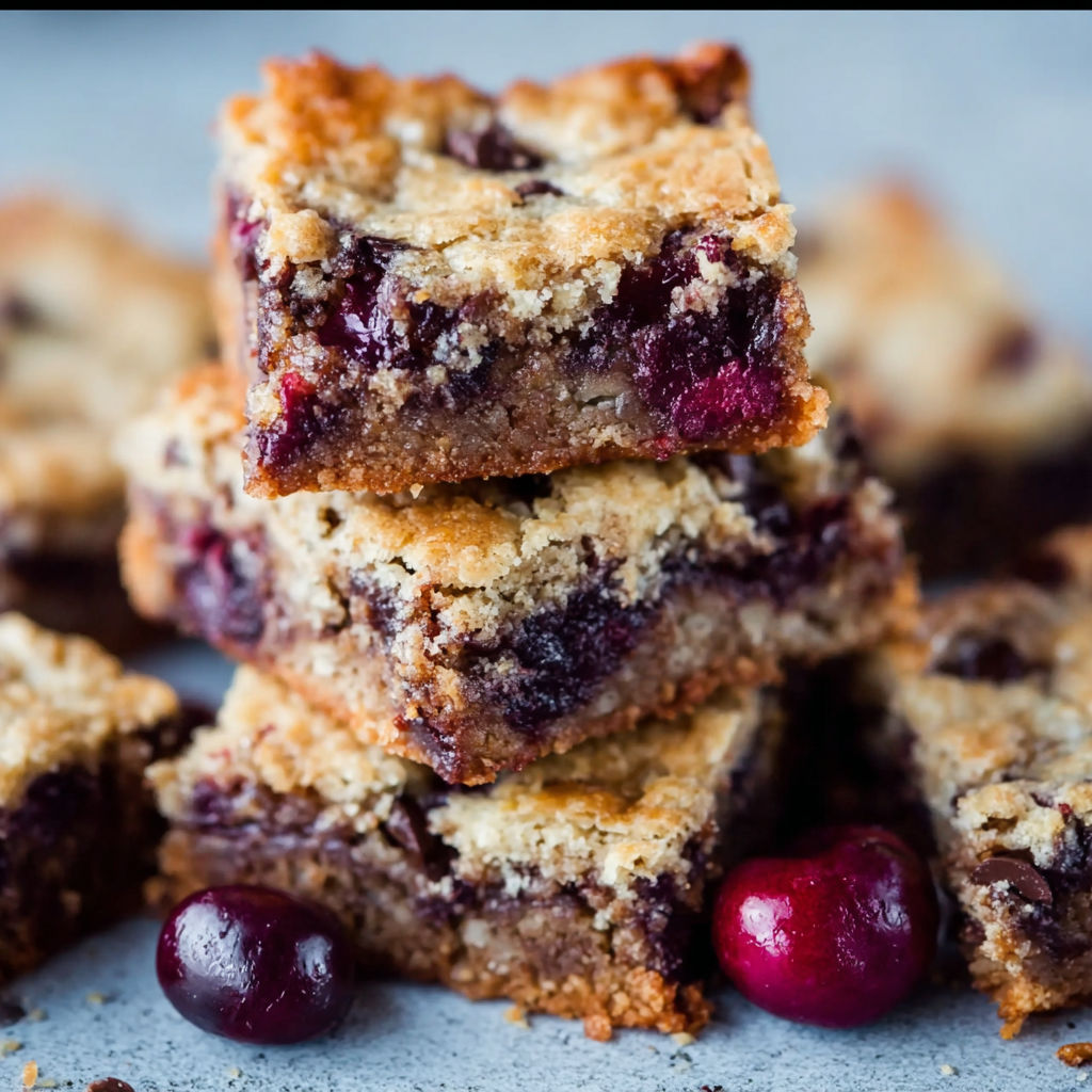 A stack of cake bars with blueberries on top.