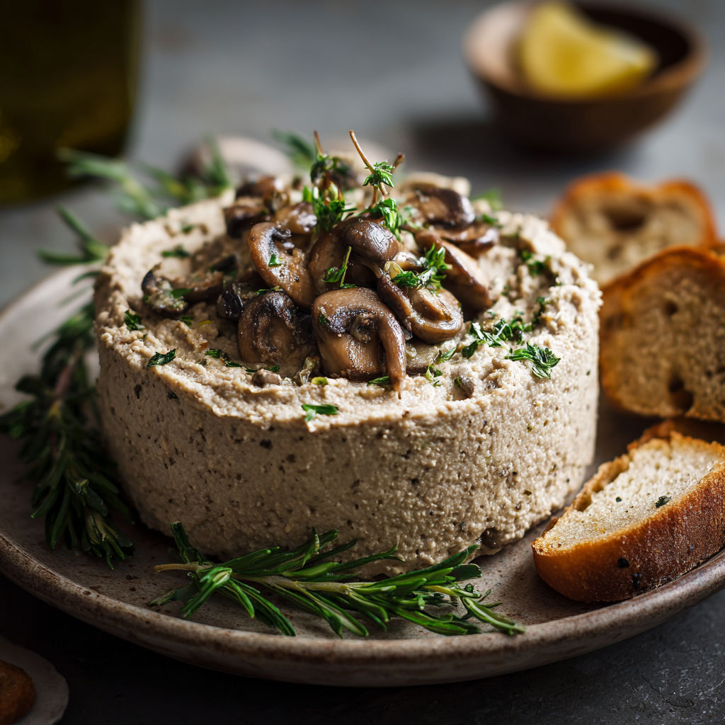 A plate of mushroom pate with a slice of bread and a bowl of lemon wedges.
