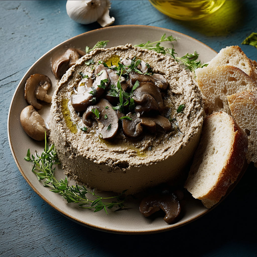 A plate of mushroom dip with a slice of bread and a sprig of parsley on the side.