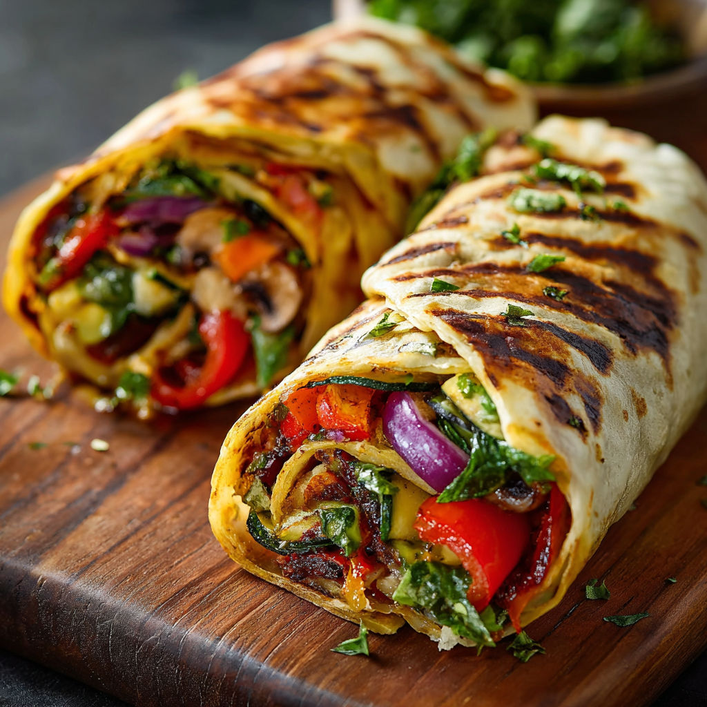A delicious grilled vegetable wrap is served on a wooden cutting board.