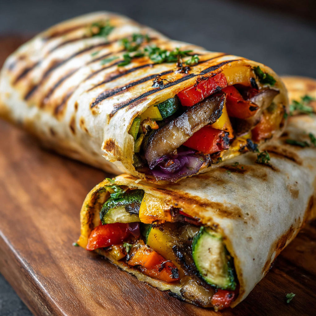 A delicious wrap filled with vegetables and meat is displayed on a wooden cutting board.
