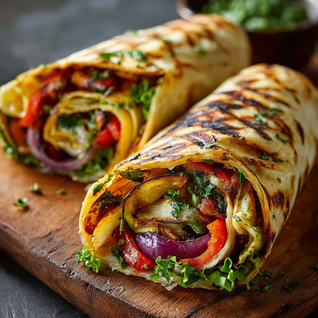 A delicious wrap filled with vegetables and herbs, such as onions, tomatoes, and lettuce, is displayed on a wooden cutting board.