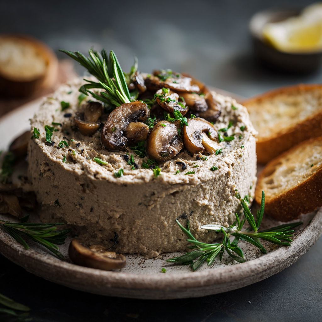 A delicious mushroom and herb-filled dish is served on a plate with a side of crusty bread.