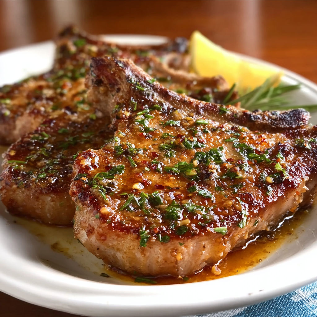 A plate of Sicilian Pork Chops with a lemon wedge on the side.