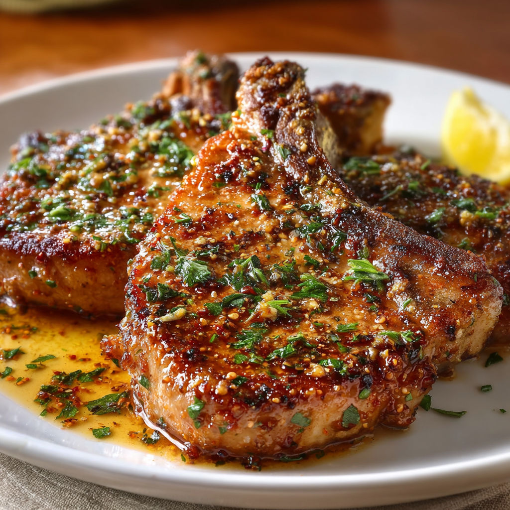 A plate of grilled meat with a lemon wedge on the side, likely a pork chop, is served with a spicy rub.