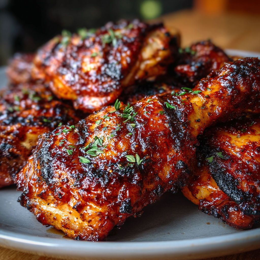 A plate of BBQ chicken with a sauce that is finger-lickin' good.
