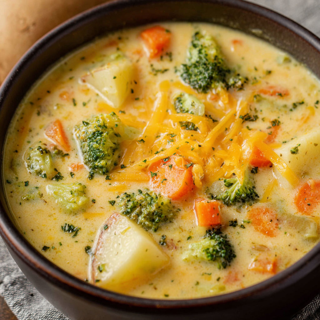 A bowl of creamy vegetable soup filled with broccoli, carrots, and potatoes.