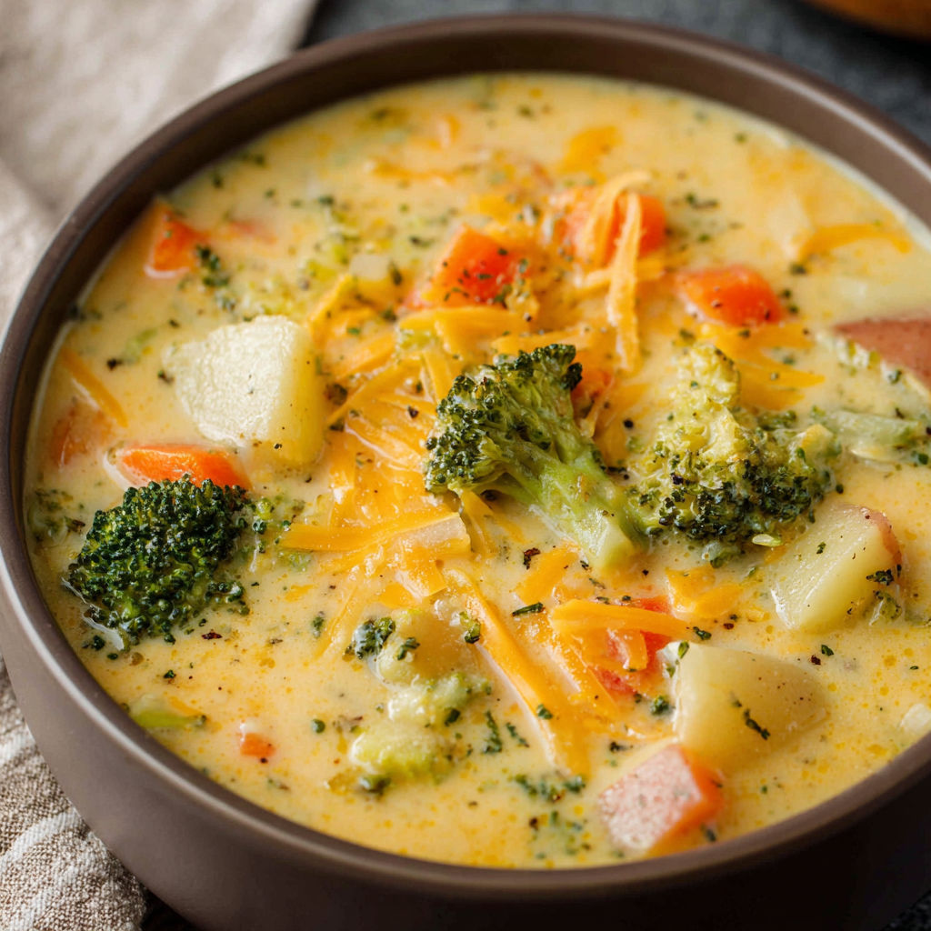 A bowl of creamy vegetable soup filled with broccoli, carrots, and potatoes.