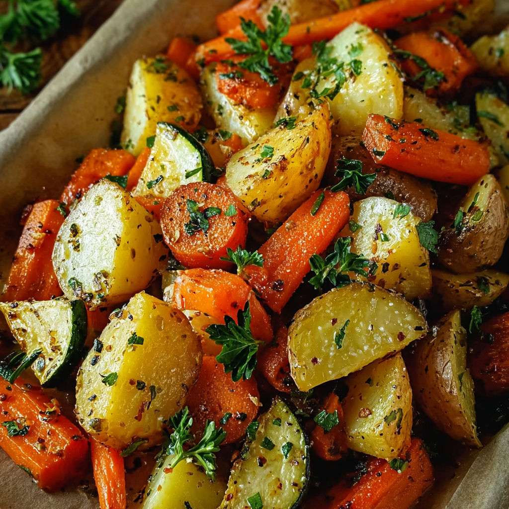 A dish of roasted vegetables, including carrots, potatoes, and zucchini, is seasoned with garlic and herbs.