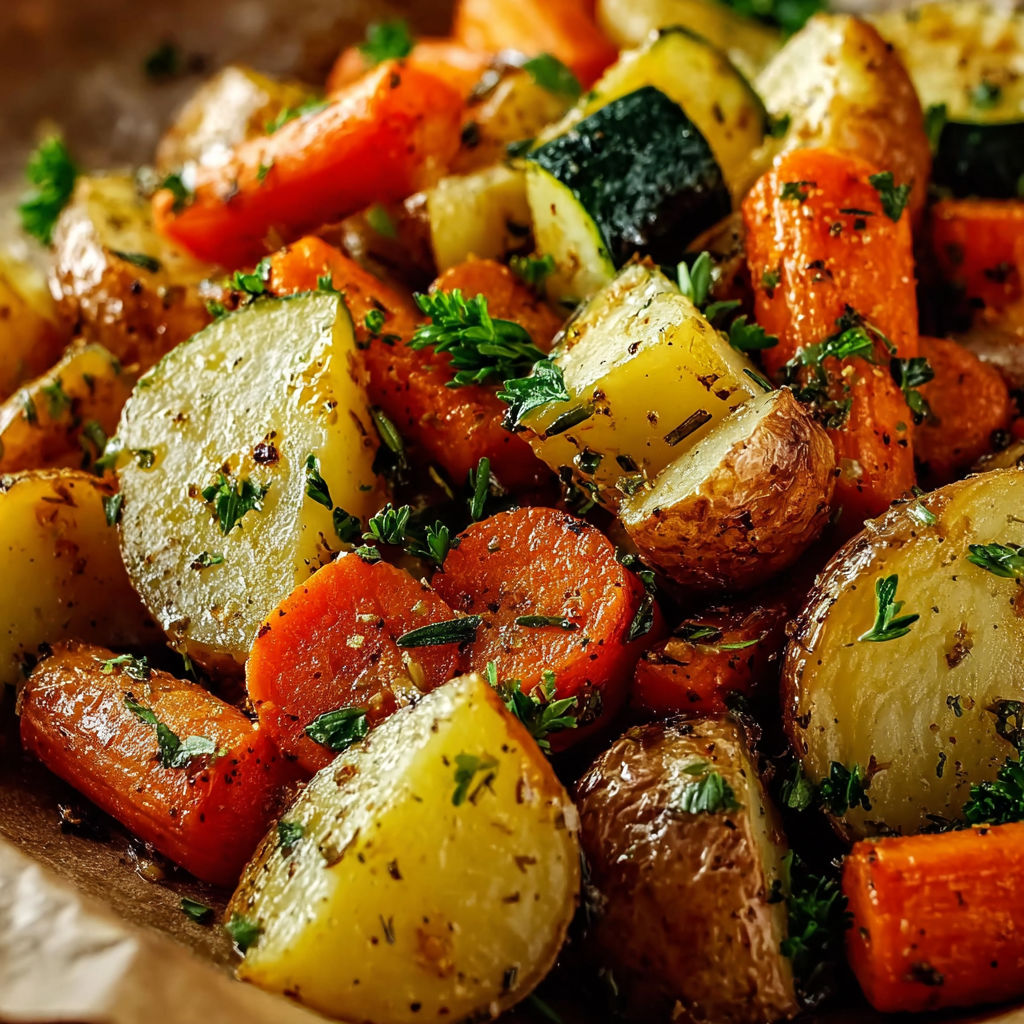 A close up of a delicious vegetable dish, including potatoes, carrots, and zucchini, seasoned with herbs and spices.
