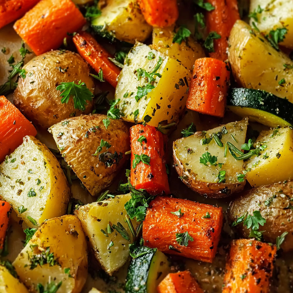 A dish of roasted vegetables, including carrots and potatoes, with herbs and spices.