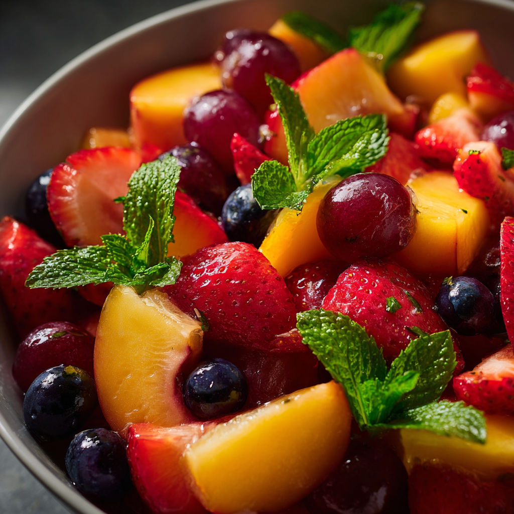 A bowl of fresh fruit salad, including peaches, strawberries, and blueberries, garnished with mint leaves.