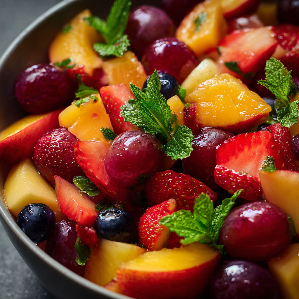 A bowl of fruit salad with strawberries, blueberries, and peaches.