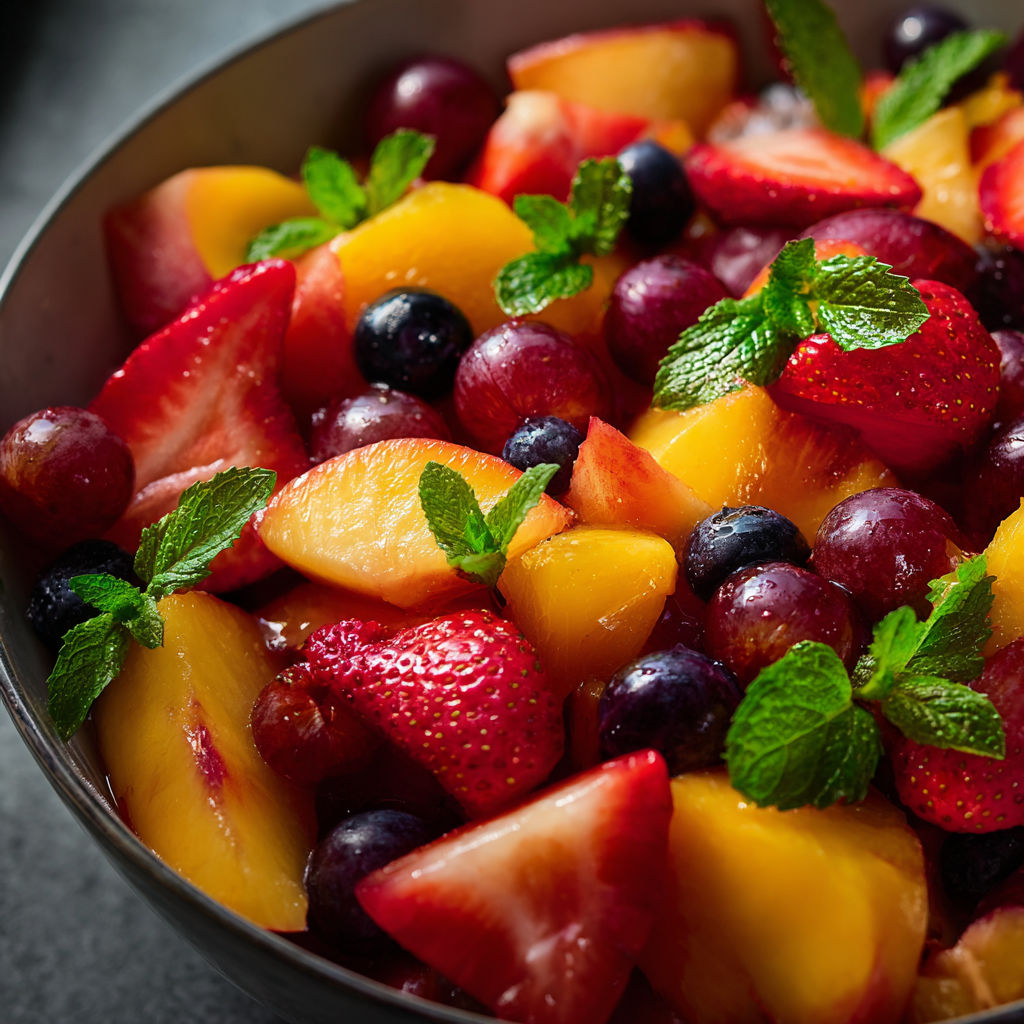 A bowl of fruit salad with strawberries, blueberries, and peaches.
