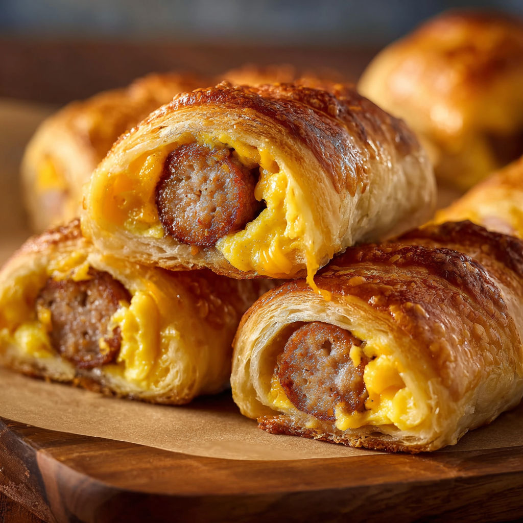 A plate of sausage rolls with a golden brown crust and a cheesy filling.