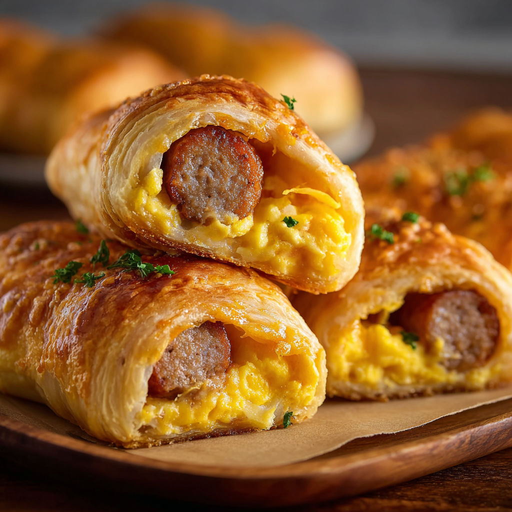A plate of breakfast pastries, including sausage and egg rolls, is displayed on a wooden table.