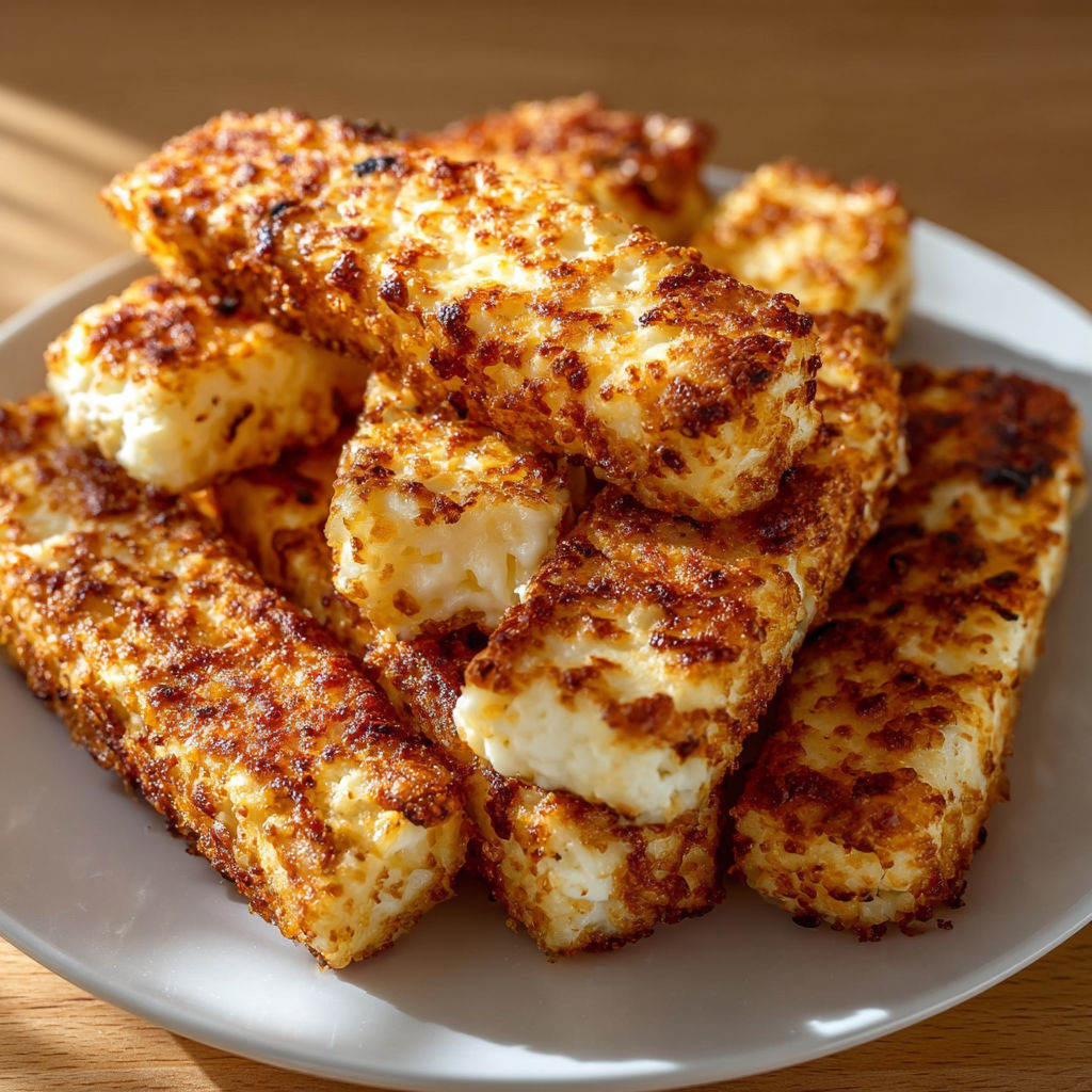 A plate of grilled cheese sticks on a wooden table.