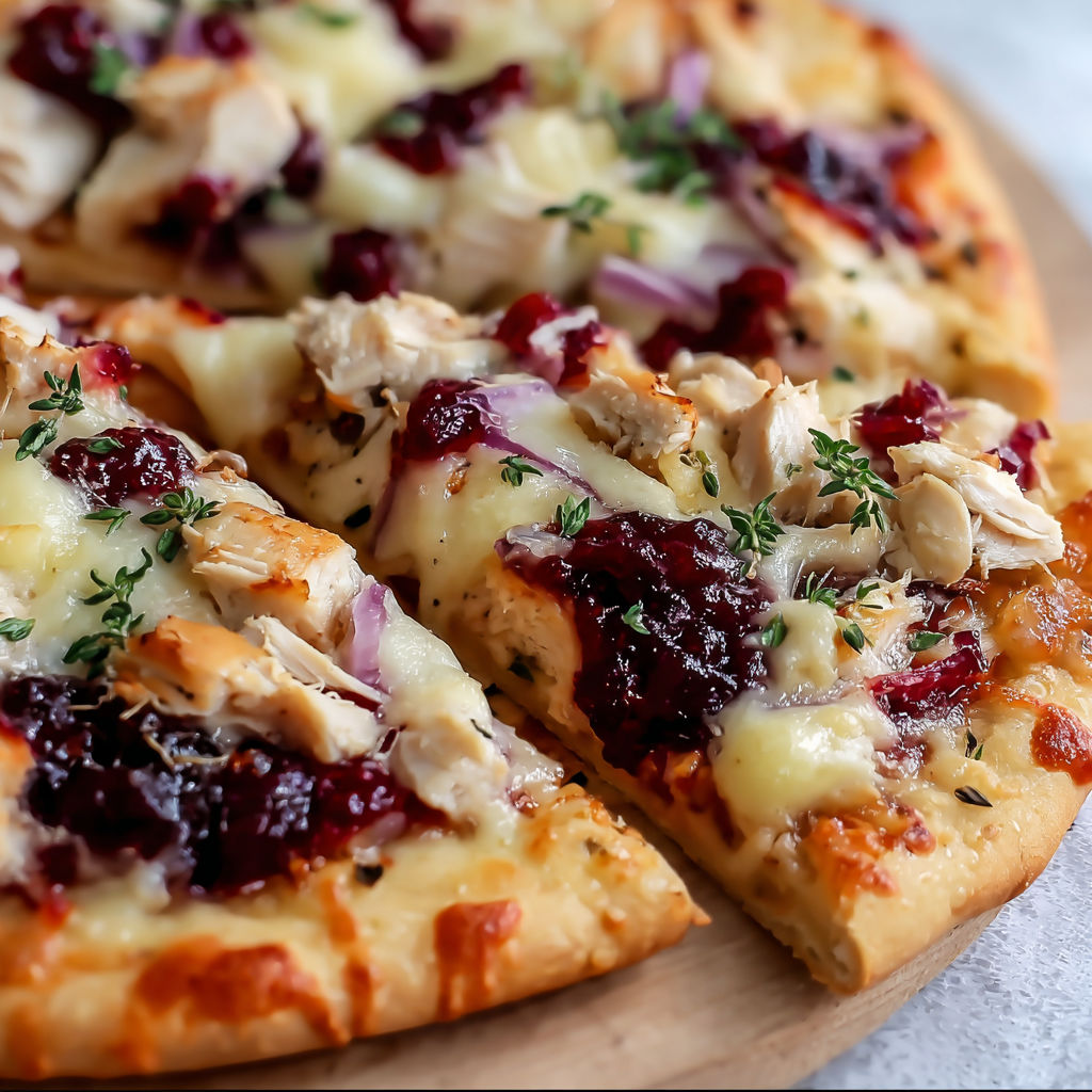 A pizza with chicken and cranberry sauce on a wooden cutting board.