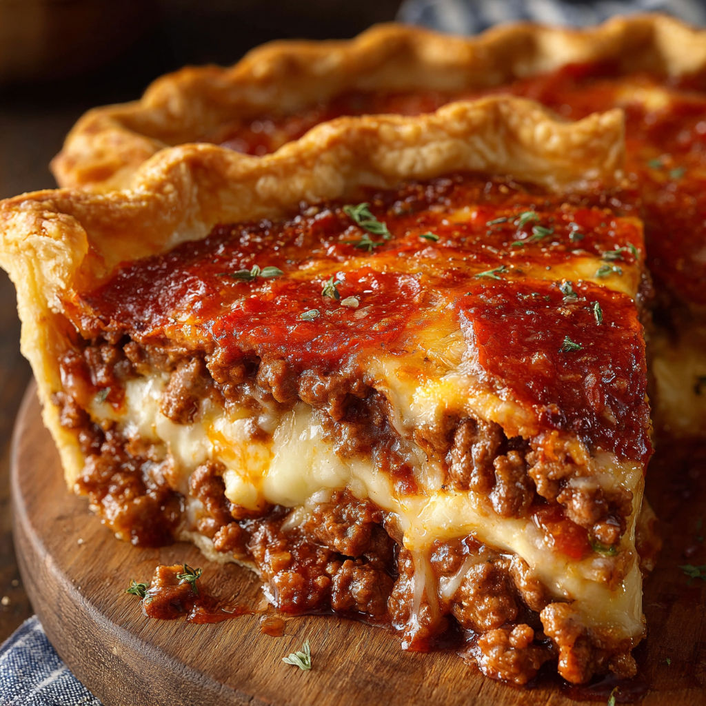 A slice of deep hamburger, sausage, and pepperoni pie on a wooden cutting board.