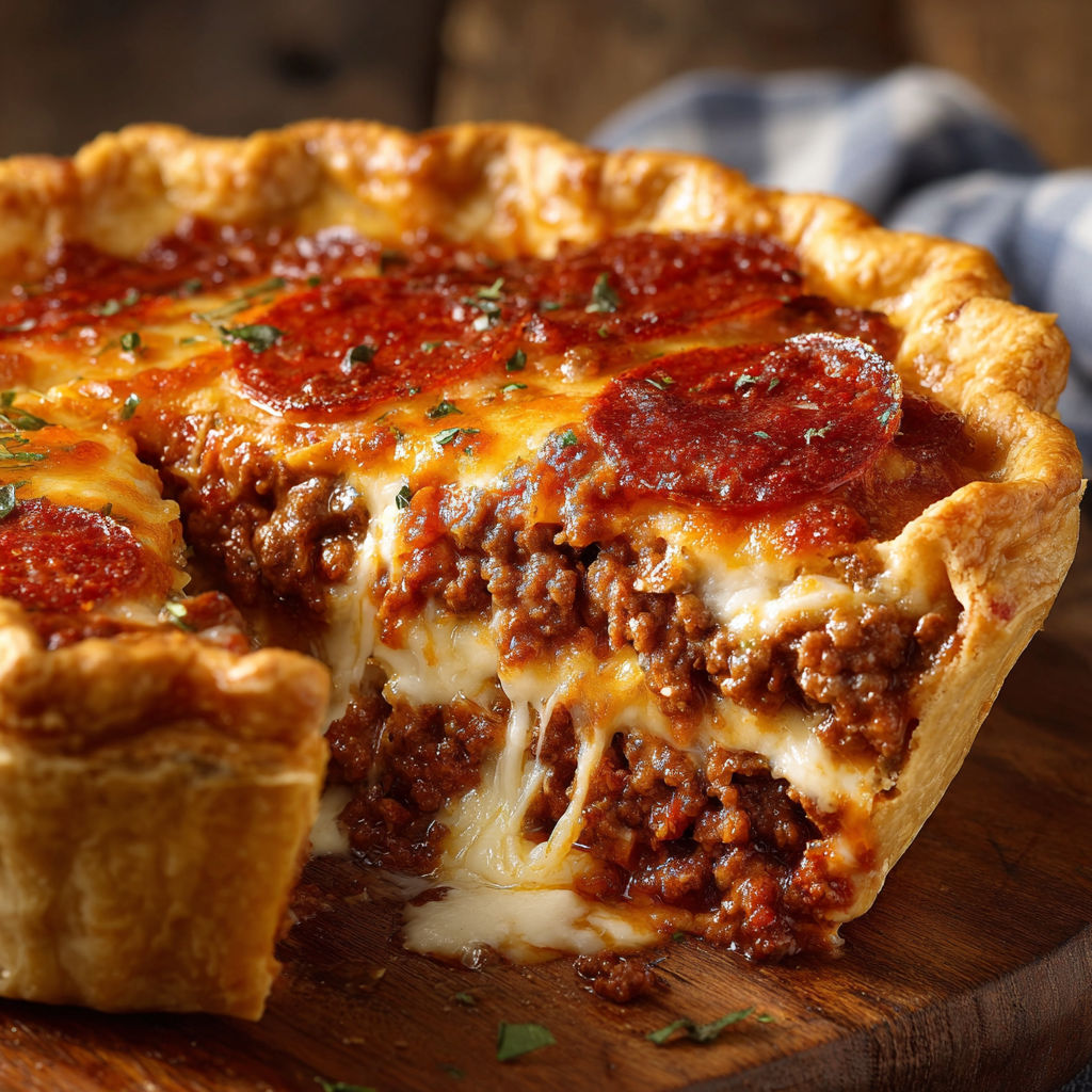 A slice of deep hamburger, sausage, and pepperoni pie on a wooden table.