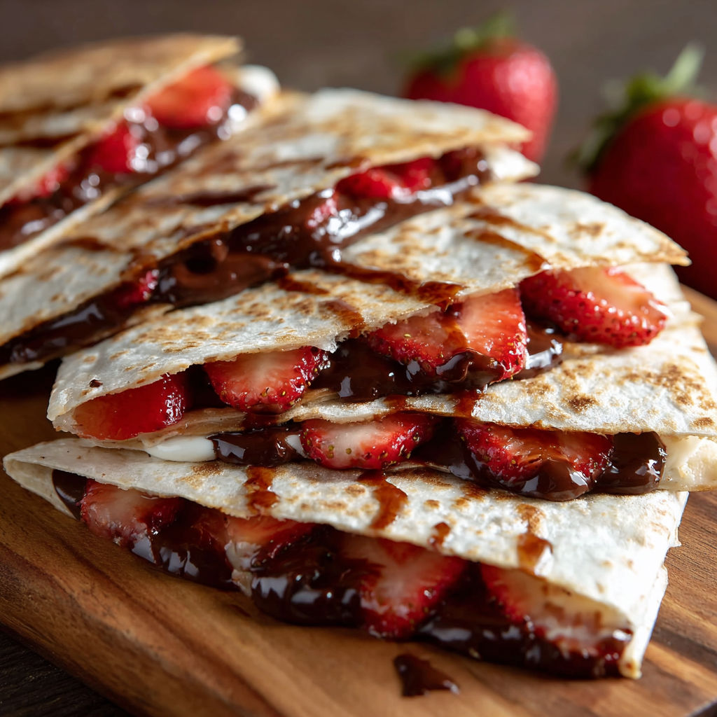A delicious Nutella Strawberry Quesadilla is served on a wooden platter.