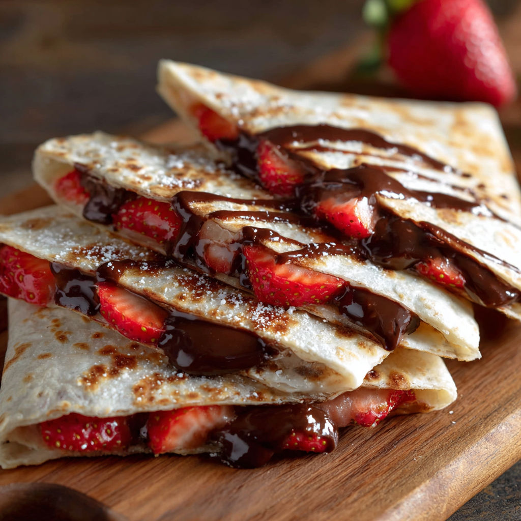 A stack of strawberry crepes with chocolate sauce on top.