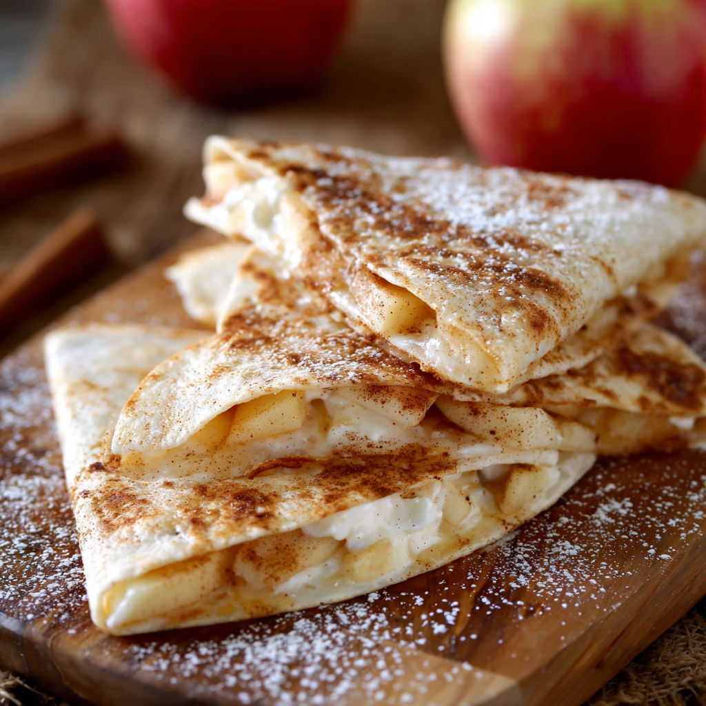 A stack of apple crepes with powdered sugar on a wooden cutting board.