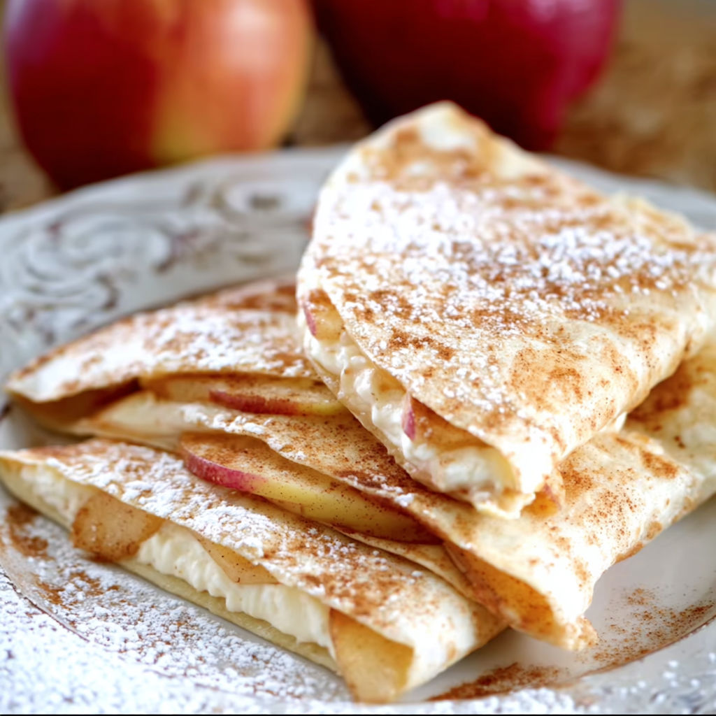 A stack of apple crepes with powdered sugar on a plate.