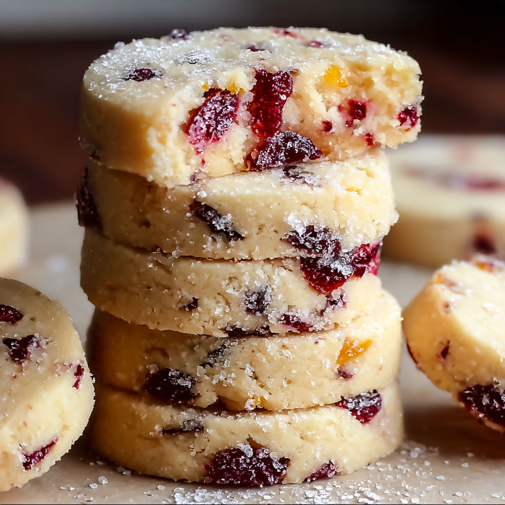 A stack of Cranberry Orange Shortbread Cookies on a table.