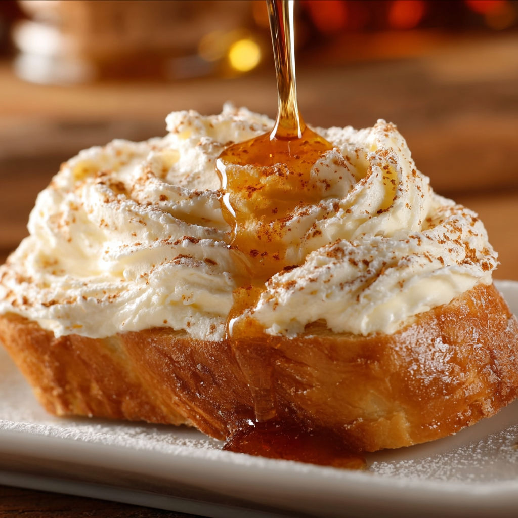 A slice of bread with a drizzle of honey and cinnamon butter on top.