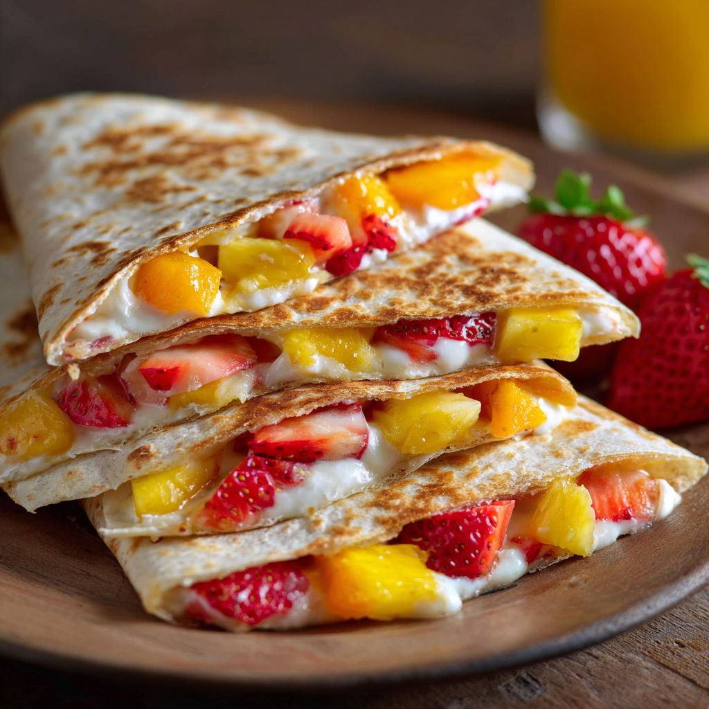 A delicious fruit and cream filled pastry is served on a wooden platter.