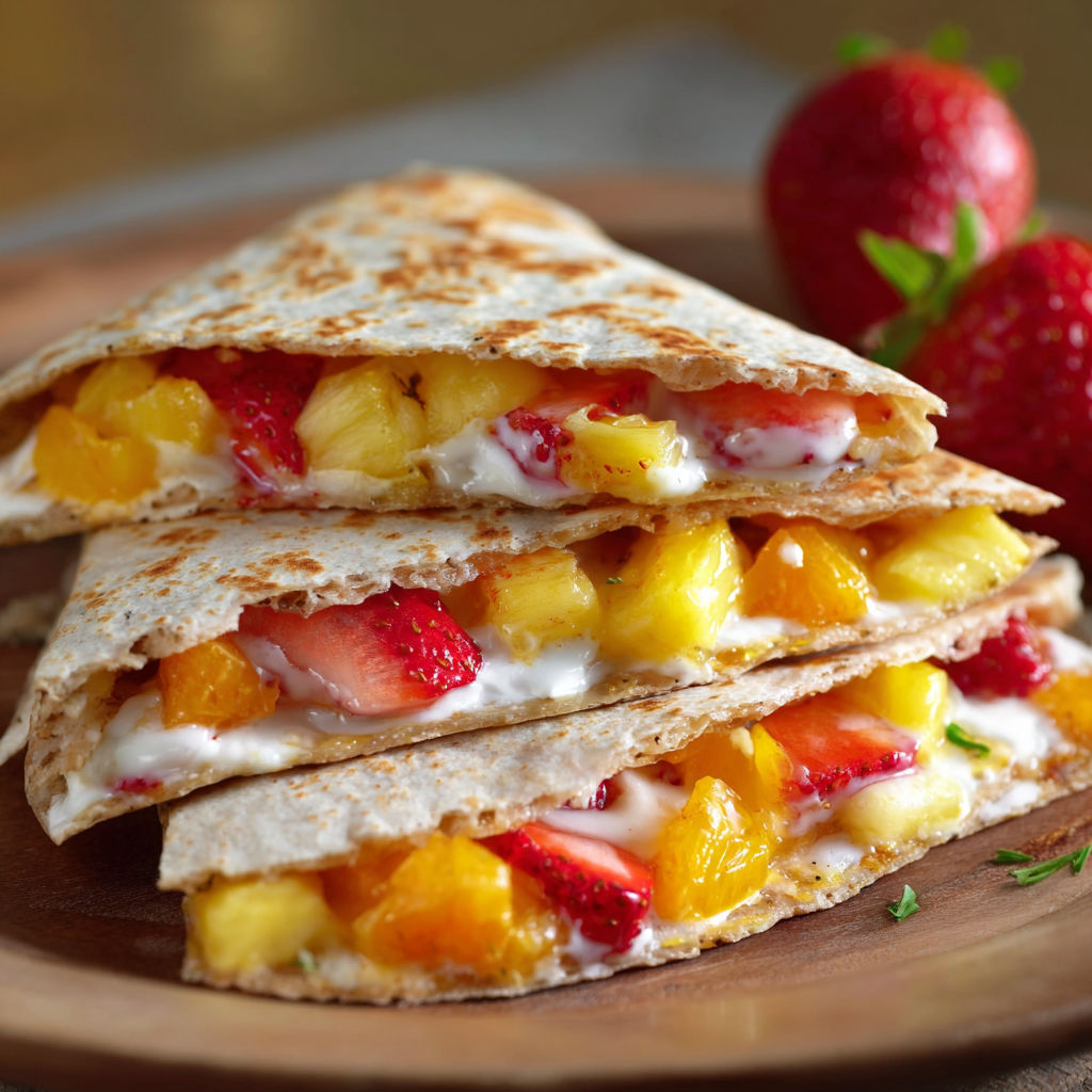 A delicious strawberry and pineapple crepe is served on a wooden platter.
