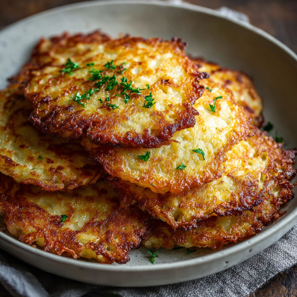 A plate of German potato pancakes, also known as potato pancakes, is served on a dining table.