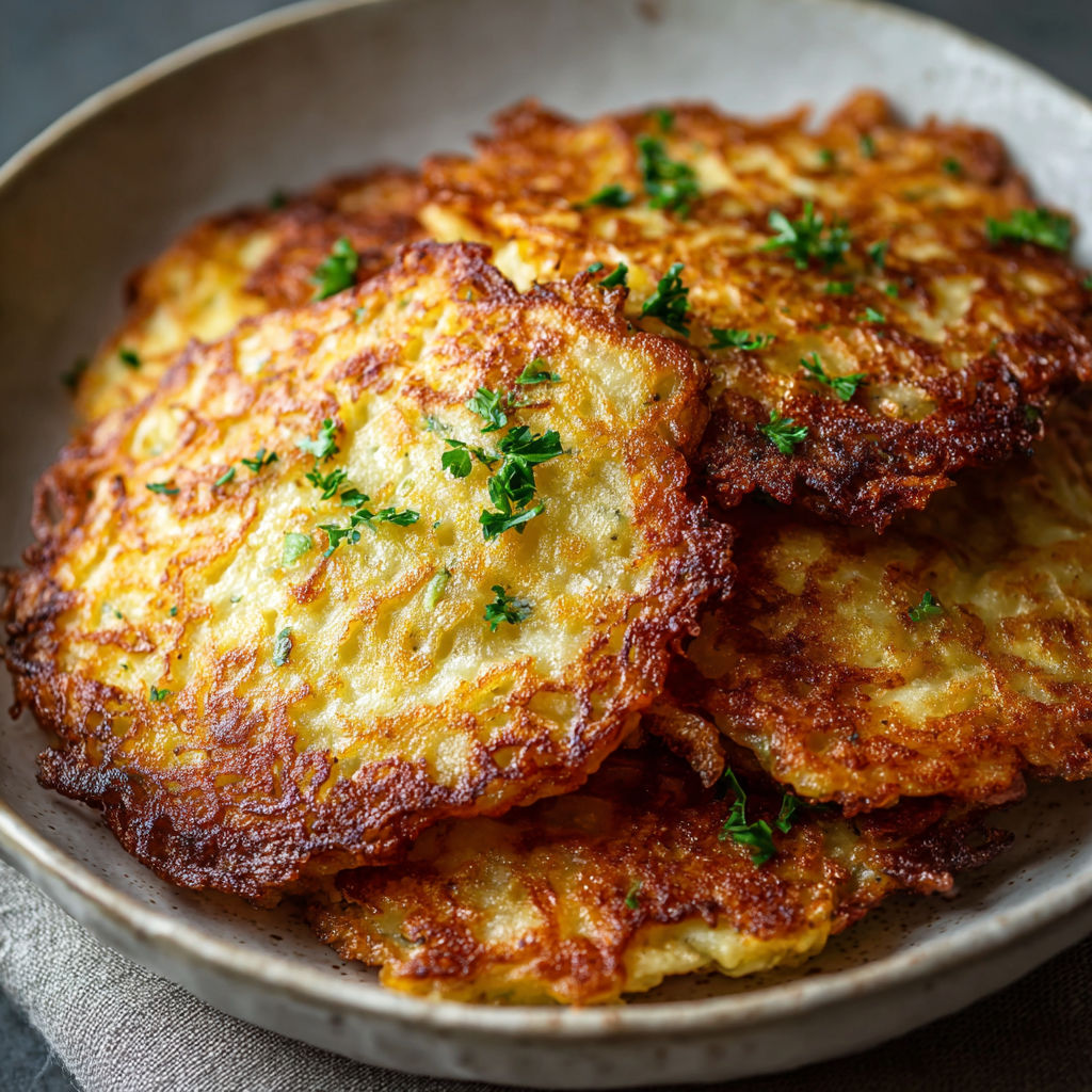 A bowl filled with delicious looking potato pancakes, garnished with parsley.