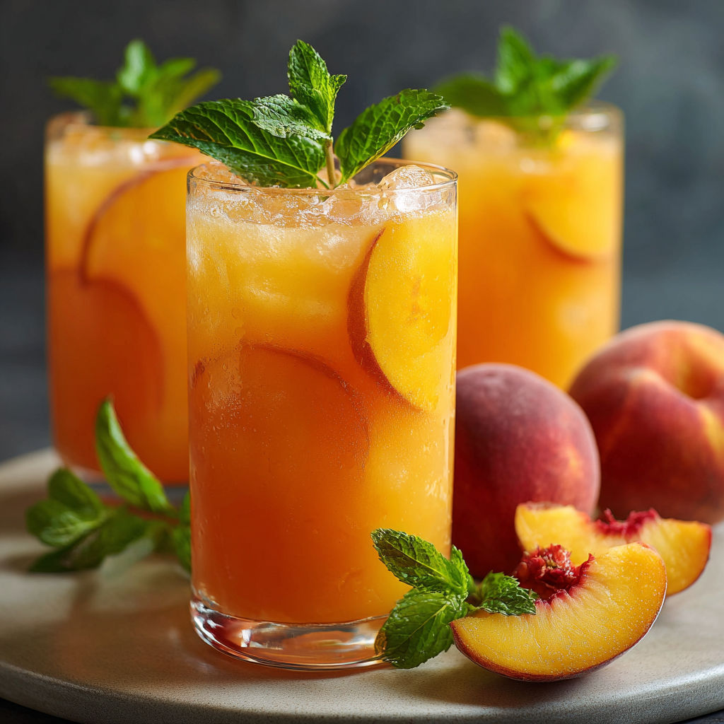 Two glasses of Refreshing Peach Lemonade are served with sliced peaches and mint leaves as garnish.