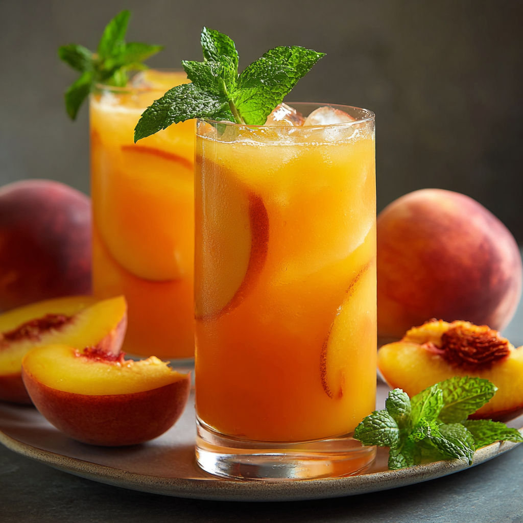 A glass of peach tea with a slice of peach on the side.