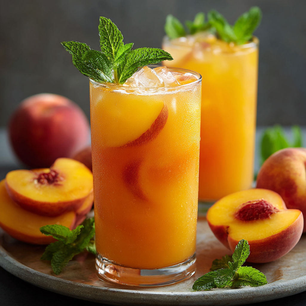 A glass of peach iced tea with a mint garnish sits on a table next to peaches and a bowl of peaches.