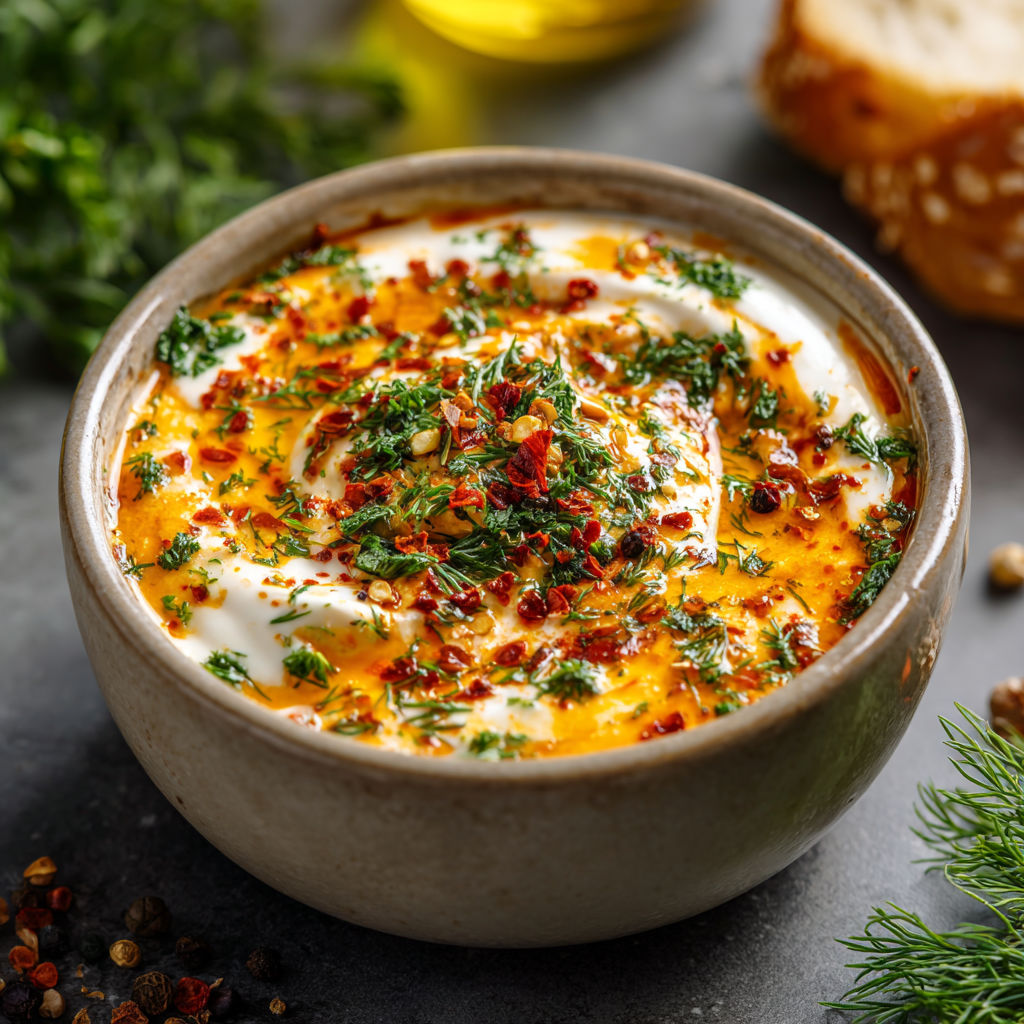 A bowl of Hot Honey Ranch dip with a spoon inside.